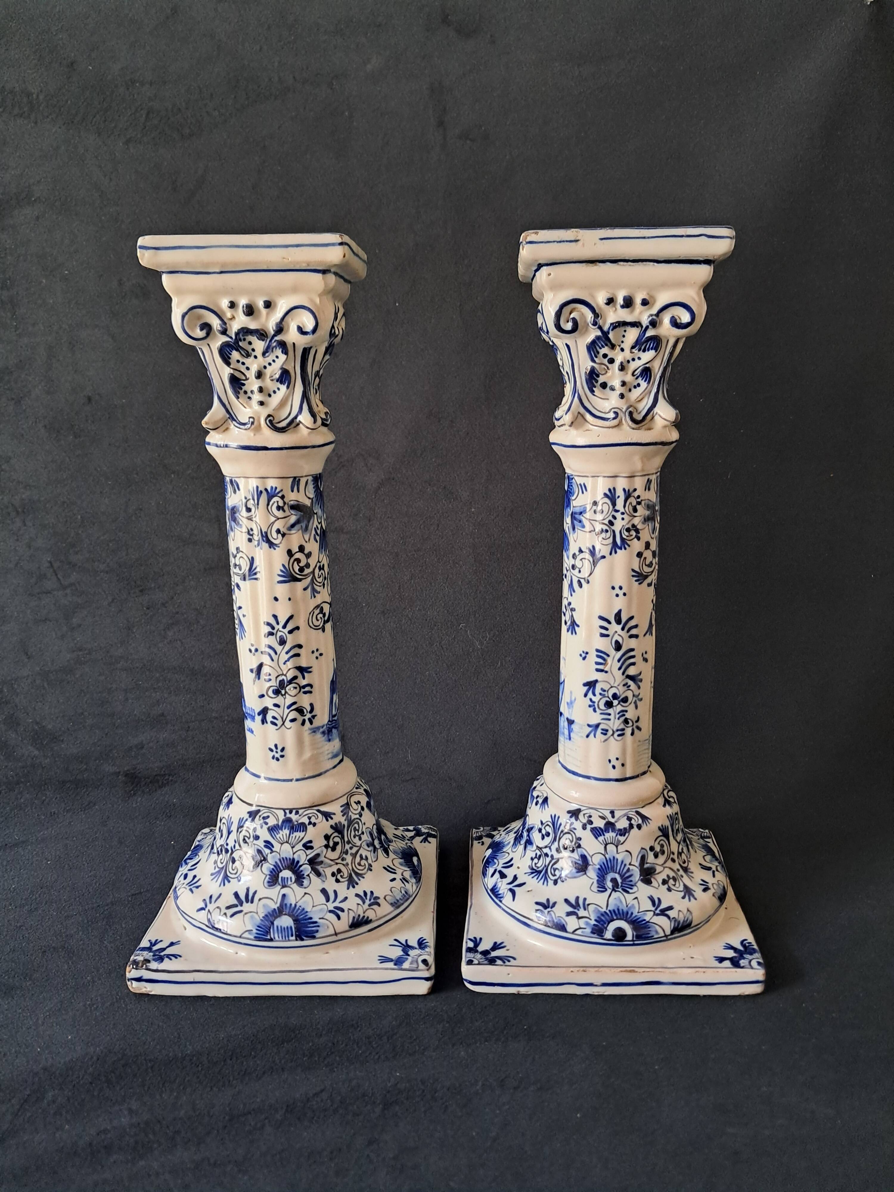 Antique Pair of Column Candlesticks in Blue and White Delftware