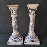 Antique Pair of Blue and White Delftware Column Candlesticks