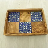 Rectangular top in natural olive wood with tile decoration