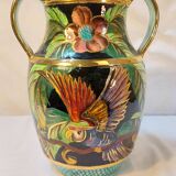 Vase à anses Vallauris à décor de perroquets et de fleurs