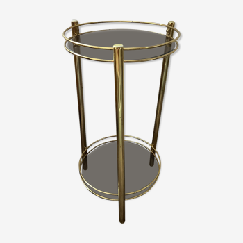 Pedestal table of the 70s in gilded metal and smoked glass