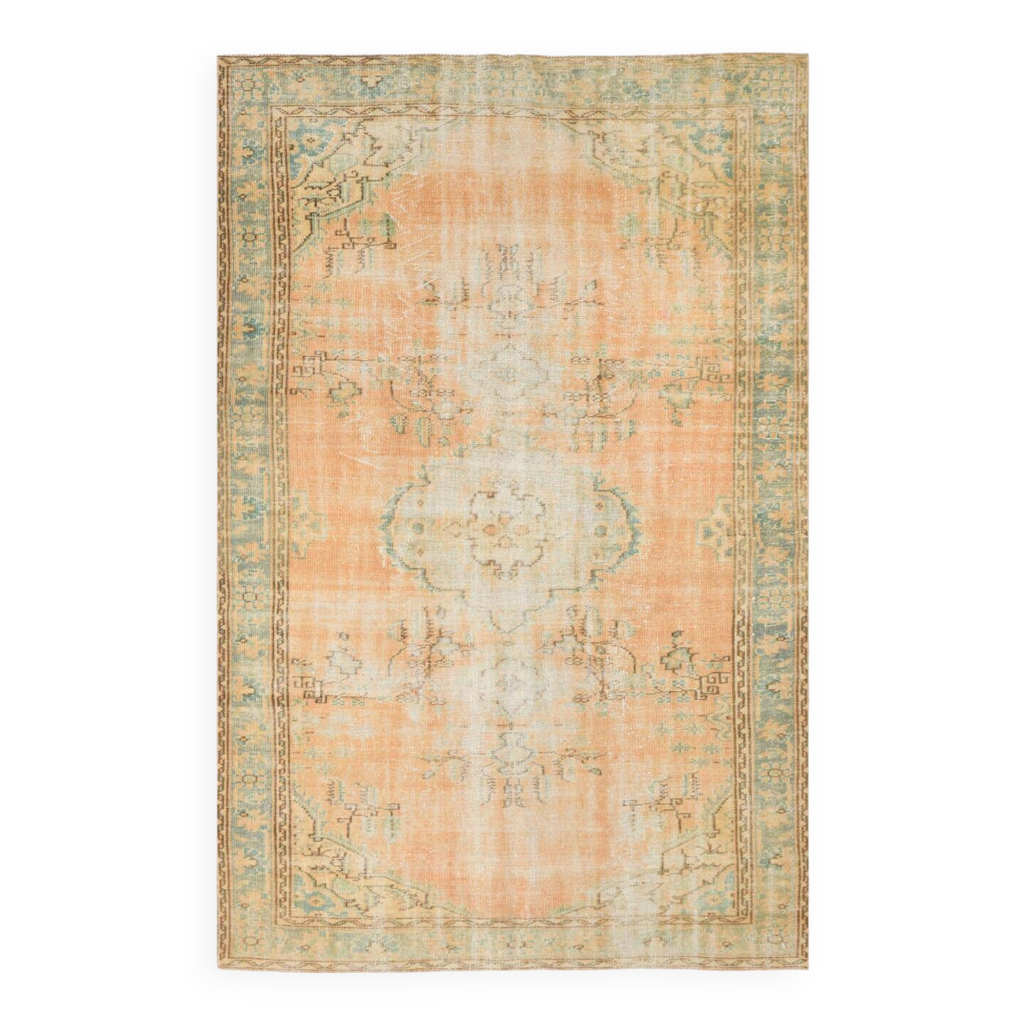 Orange vintage turkish rug, 6x9 feet vintage pastel orange carpet