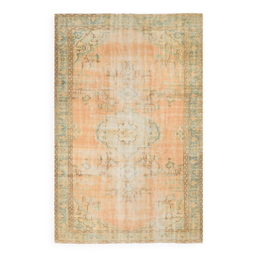 Orange vintage turkish rug, 6x9 feet vintage pastel orange carpet