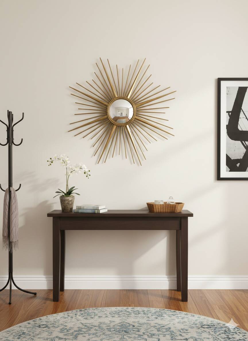 Golden metal witch's eye sun mirror from the 70s, 86cm.
