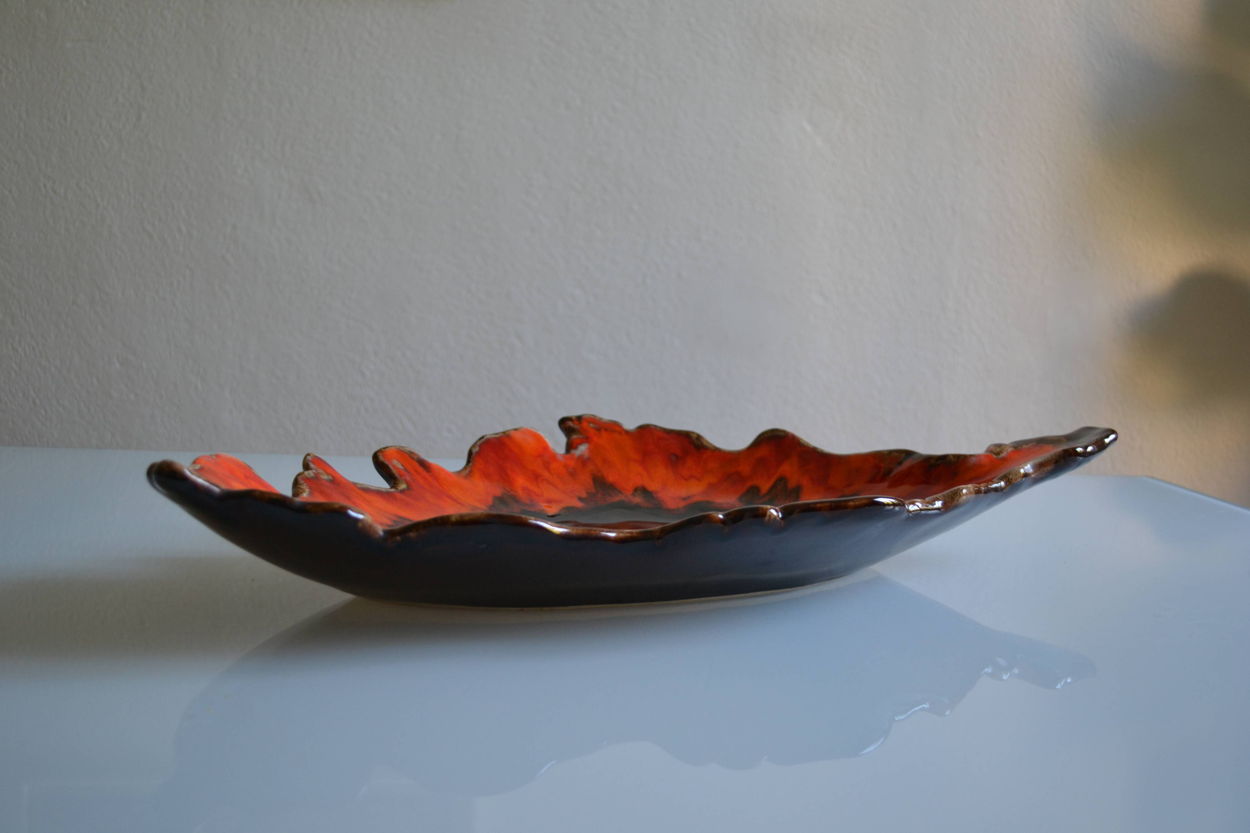 Large ceramic bowl in the shape of Corsica, orange and brown, vintage 70s