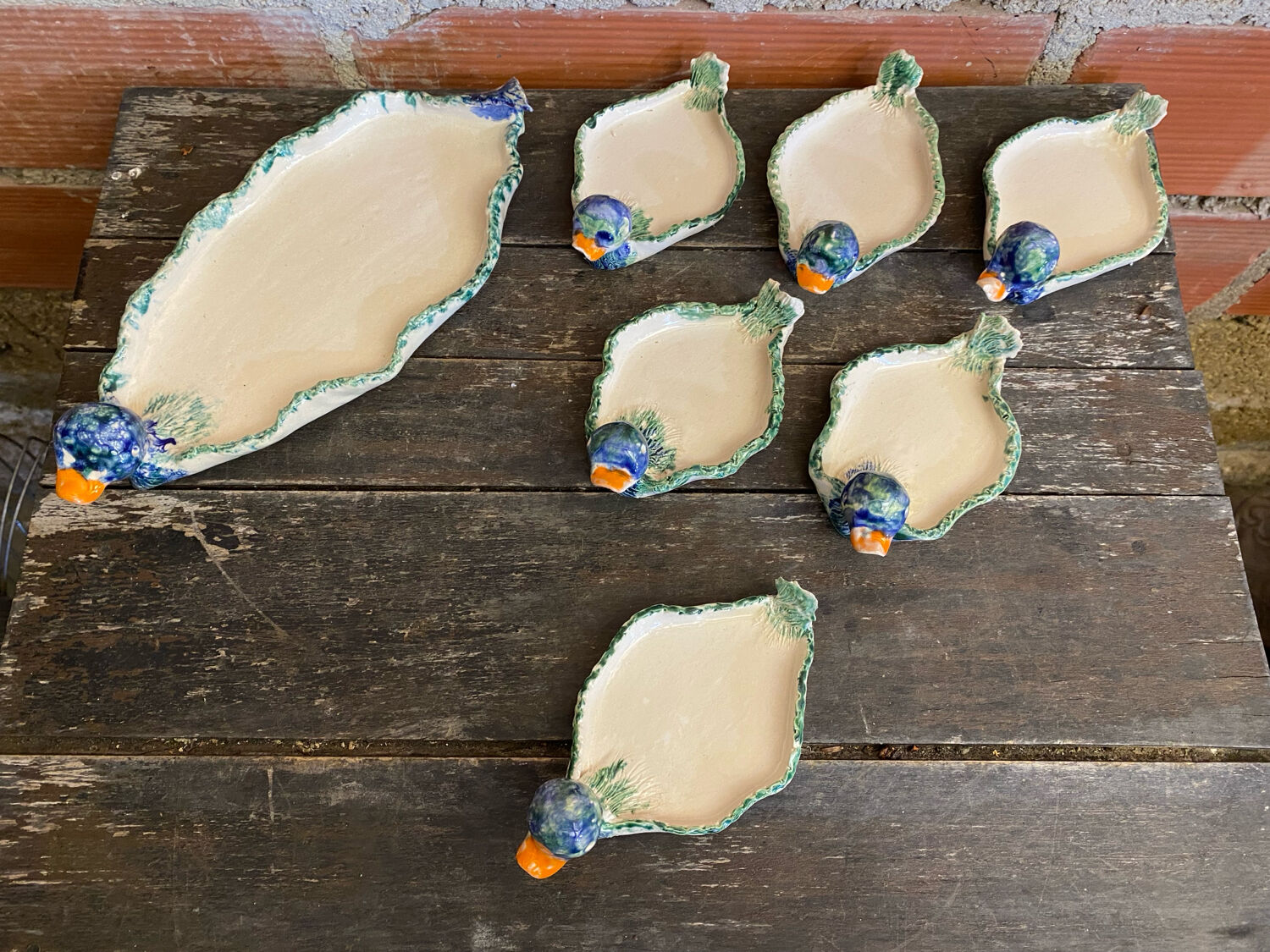 Plate + 6 Duck-Shaped Foie Gras Service Plates, Polychrome Ceramic