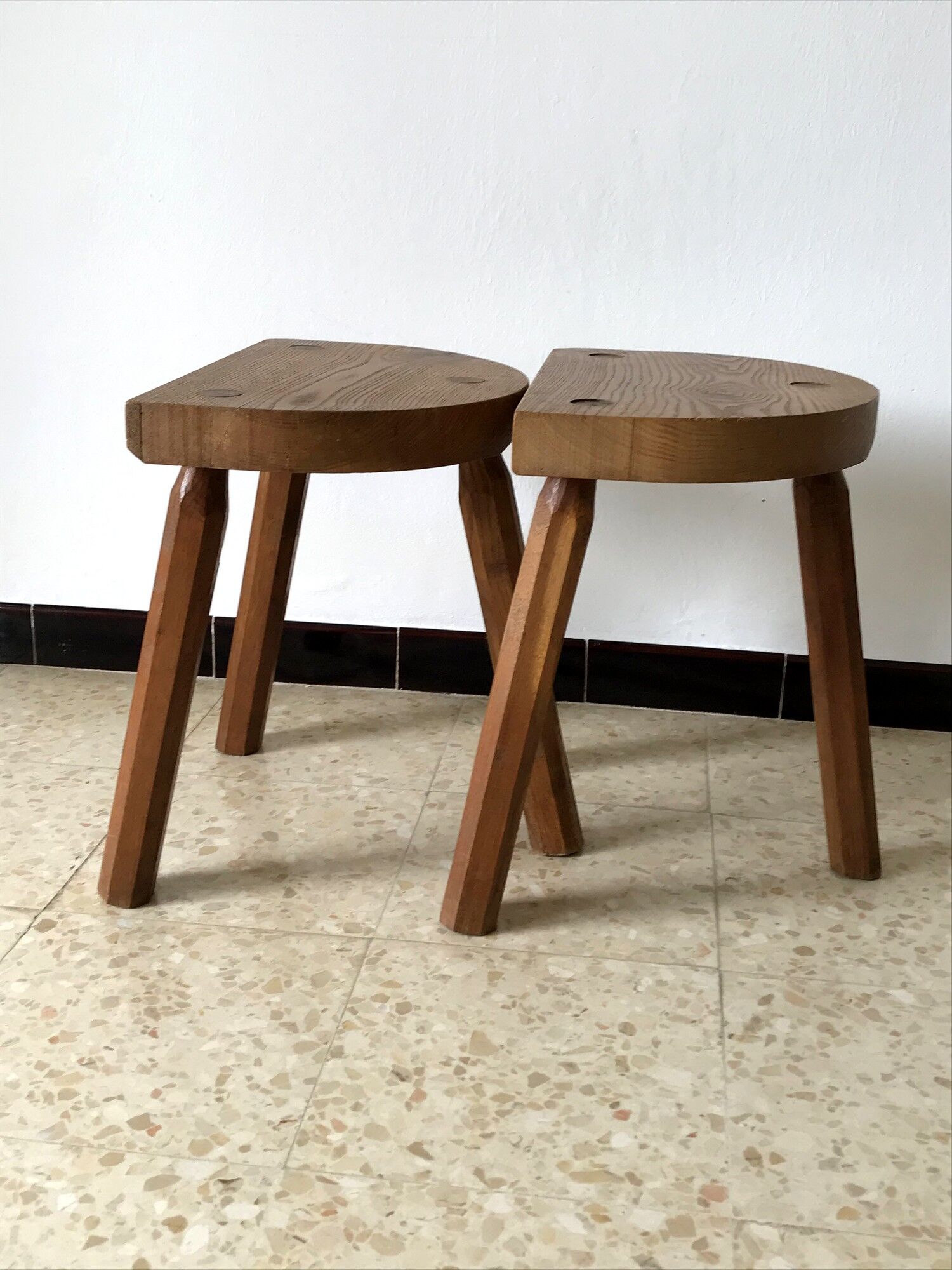 2 tripod oak stools 60s