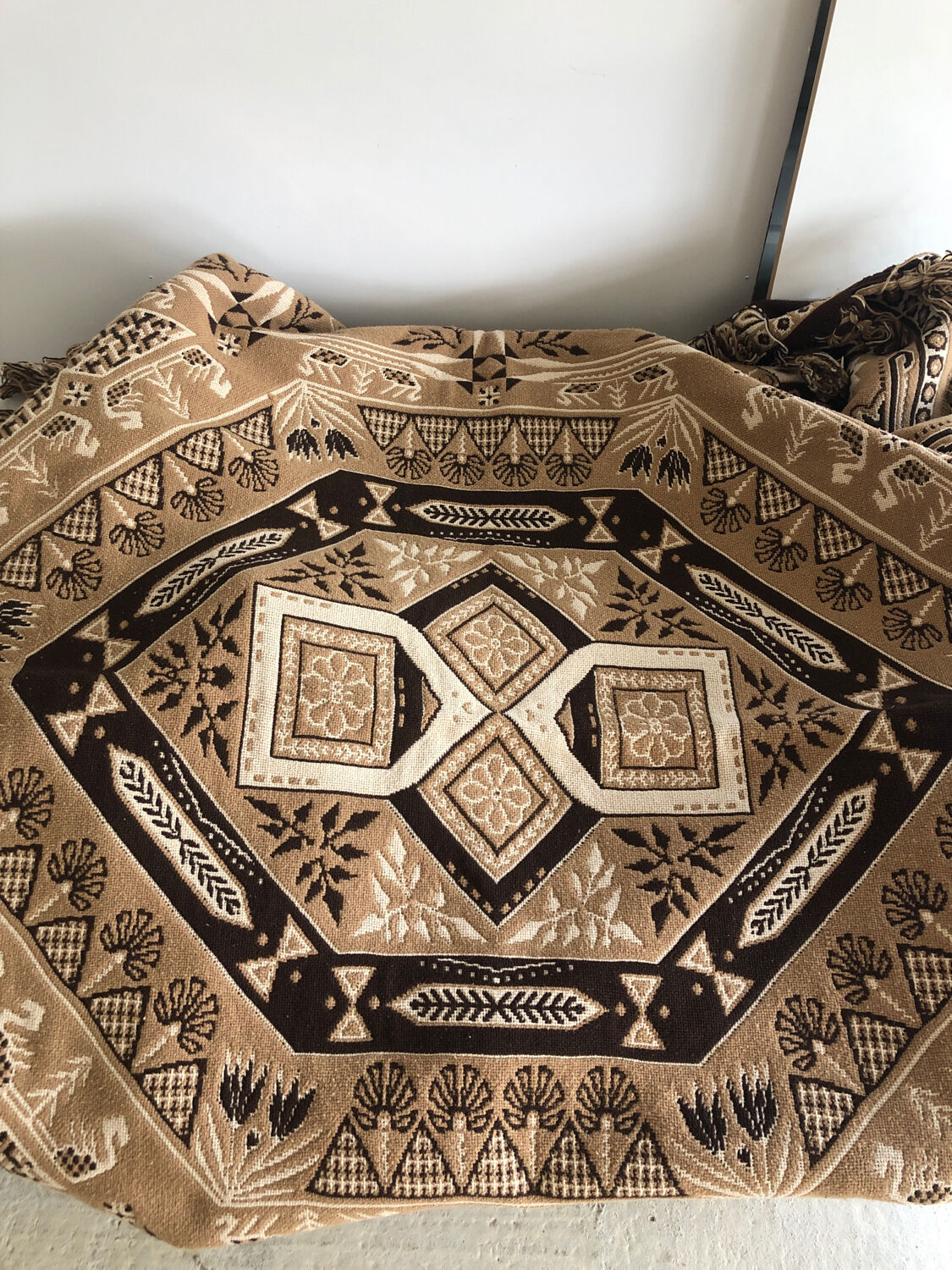 Vintage handmade beige and brown bedspread with fringes