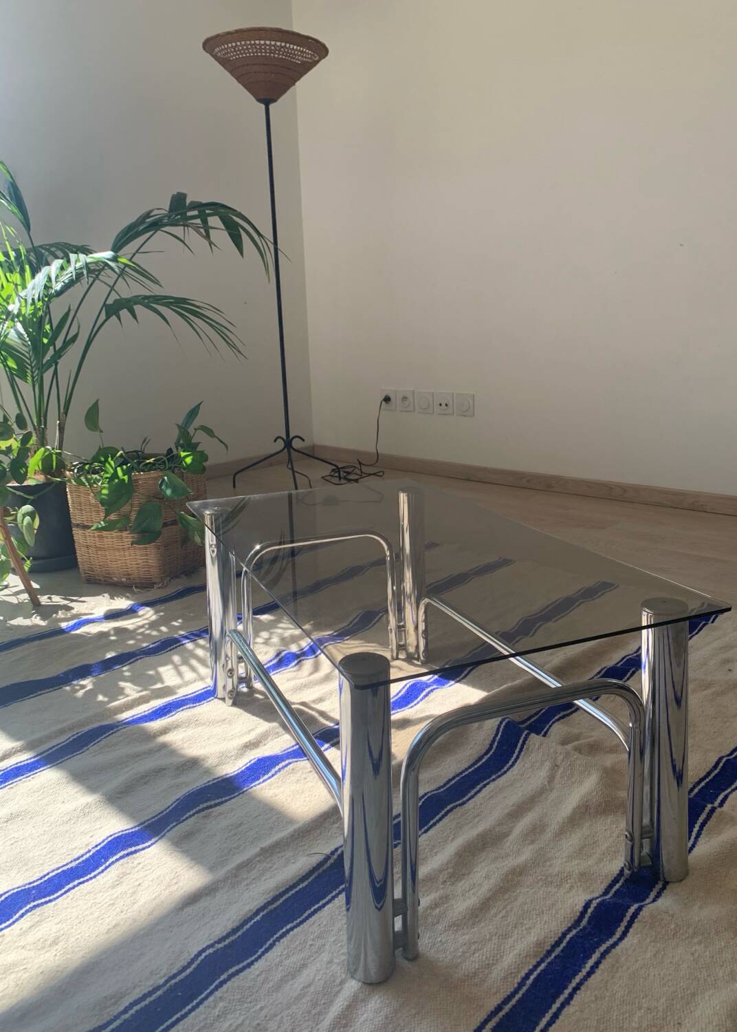 70s glass and chrome metal coffee table
