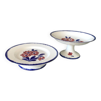 Duo compotier and antique piedouche cake dish in earthenware from GIEN