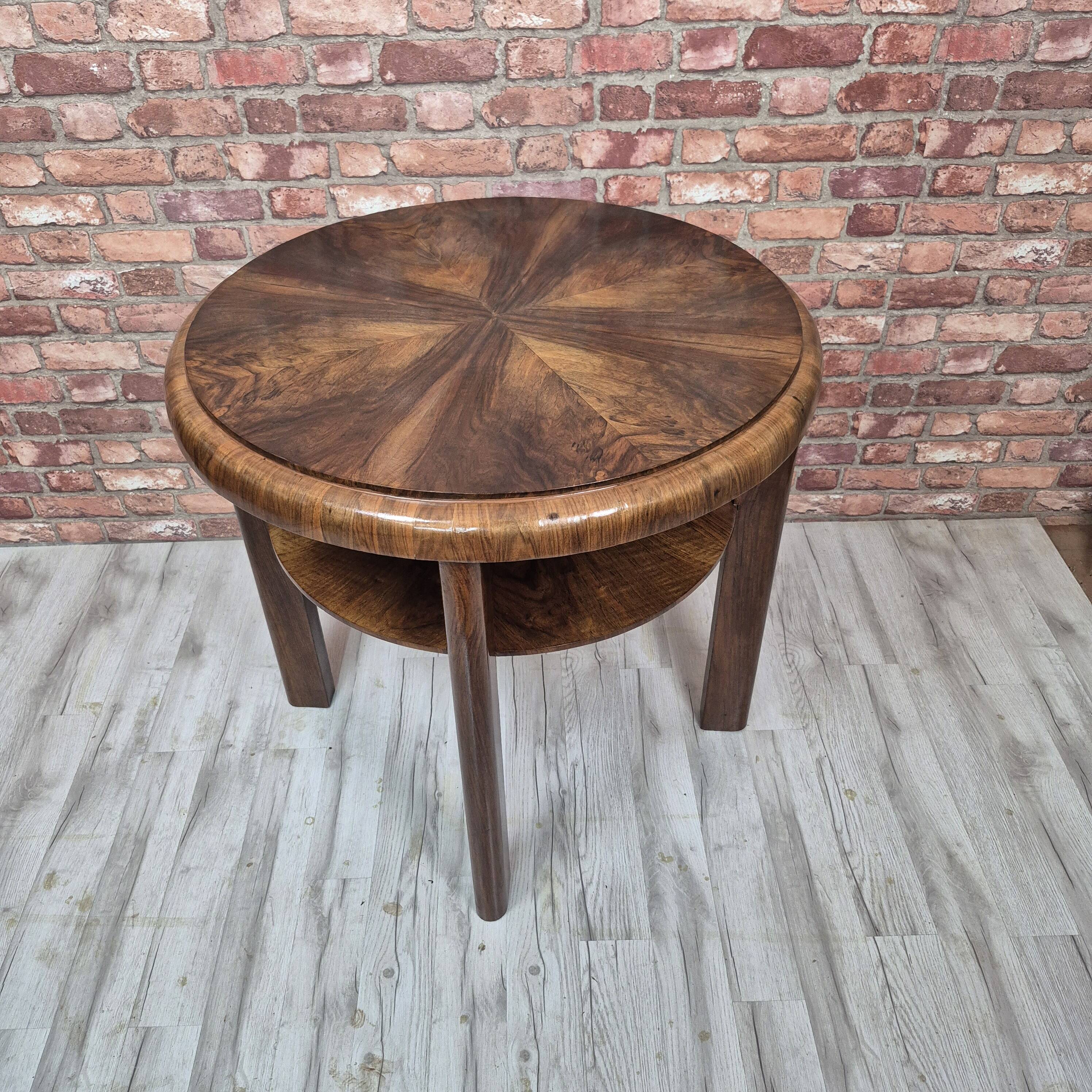Restored Art Deco Walnut Burl Two-Tier Sunburst Table 1930s