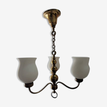 Lustre 3 feux en laiton et opaline