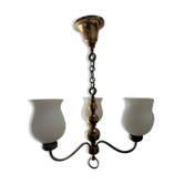 Three-light brass and opaline chandelier