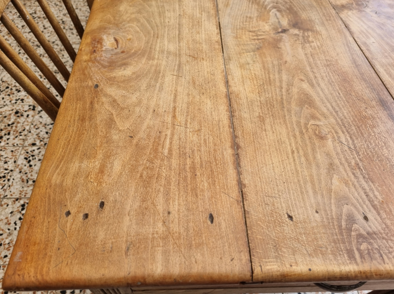 Solid oak farmhouse table, a drawer, vintage, early twentieth century.