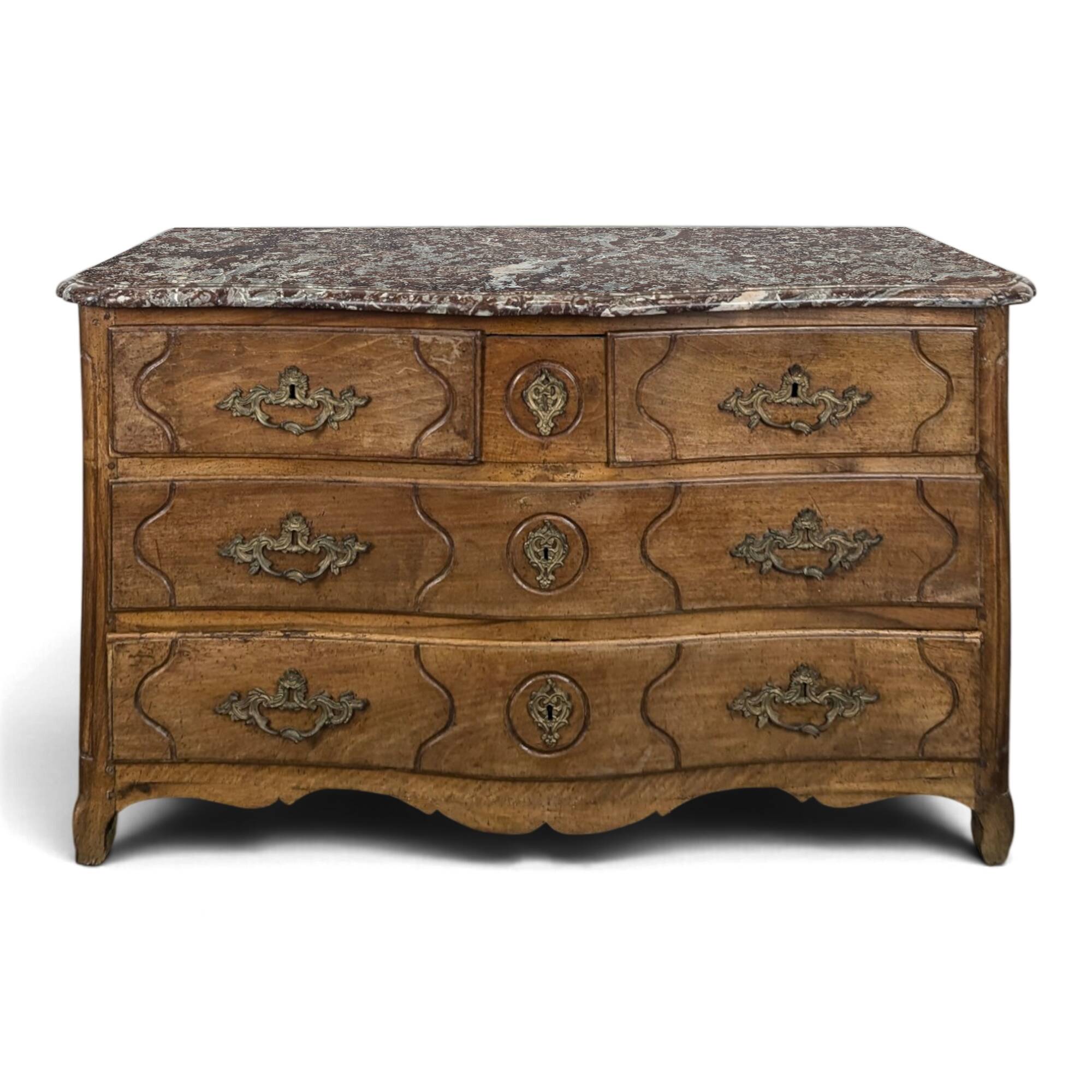 Commode Louis XV galbée en noyer dessus marbre XVIIIe