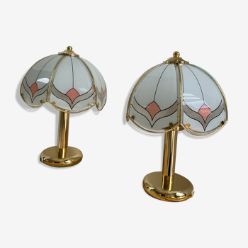 Pair of tiffany bedside lamp in glass and brass AF Cinquanta, Italy
