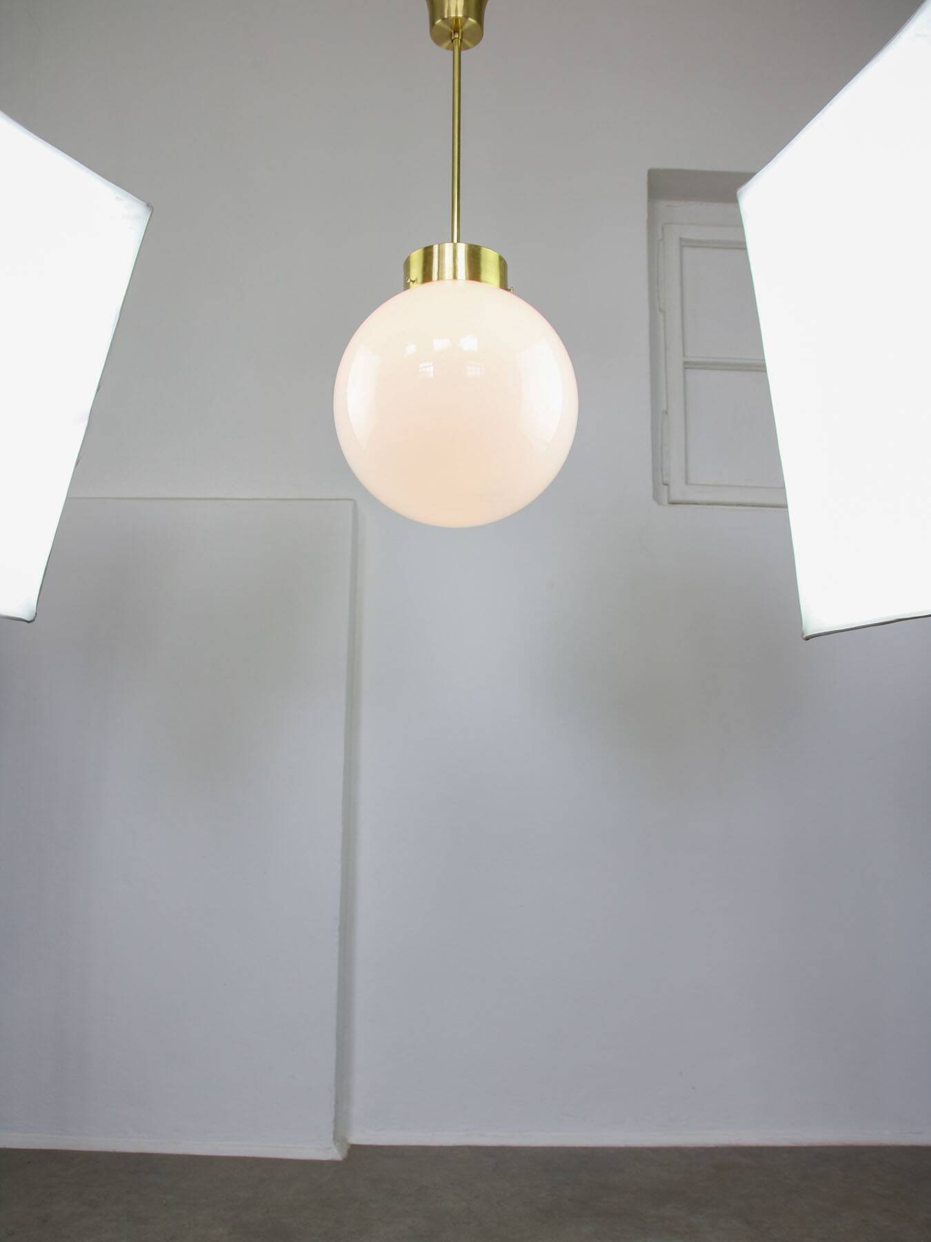 Big Mid-Century Italian Opaline & Brass Globe Pendant Lamp