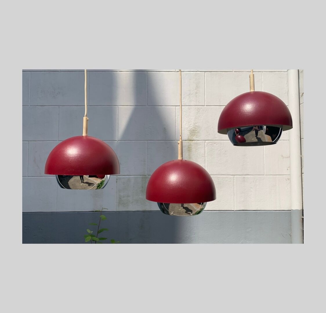 Trio of vintage burgundy and chrome pendant lamps