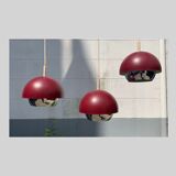 Trio of vintage burgundy and chrome pendant lamps