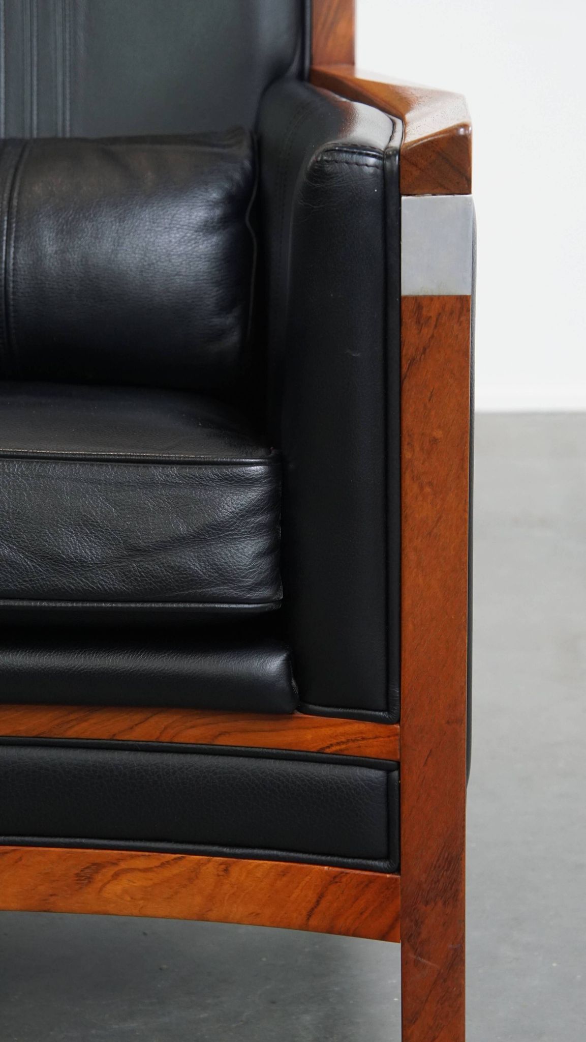 Black Cowhide Leather and Wooden Art Deco Armchair