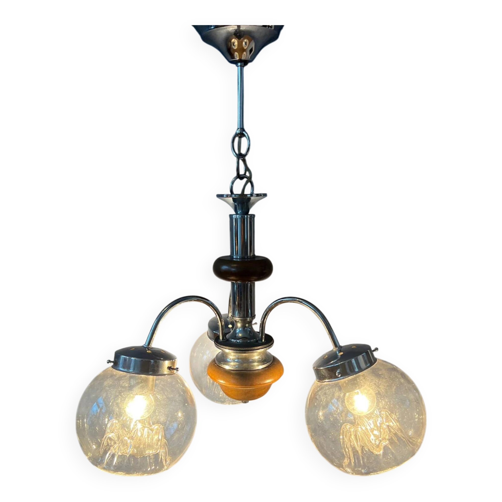 Vintage clear glass Murano chandelier with chrome frame