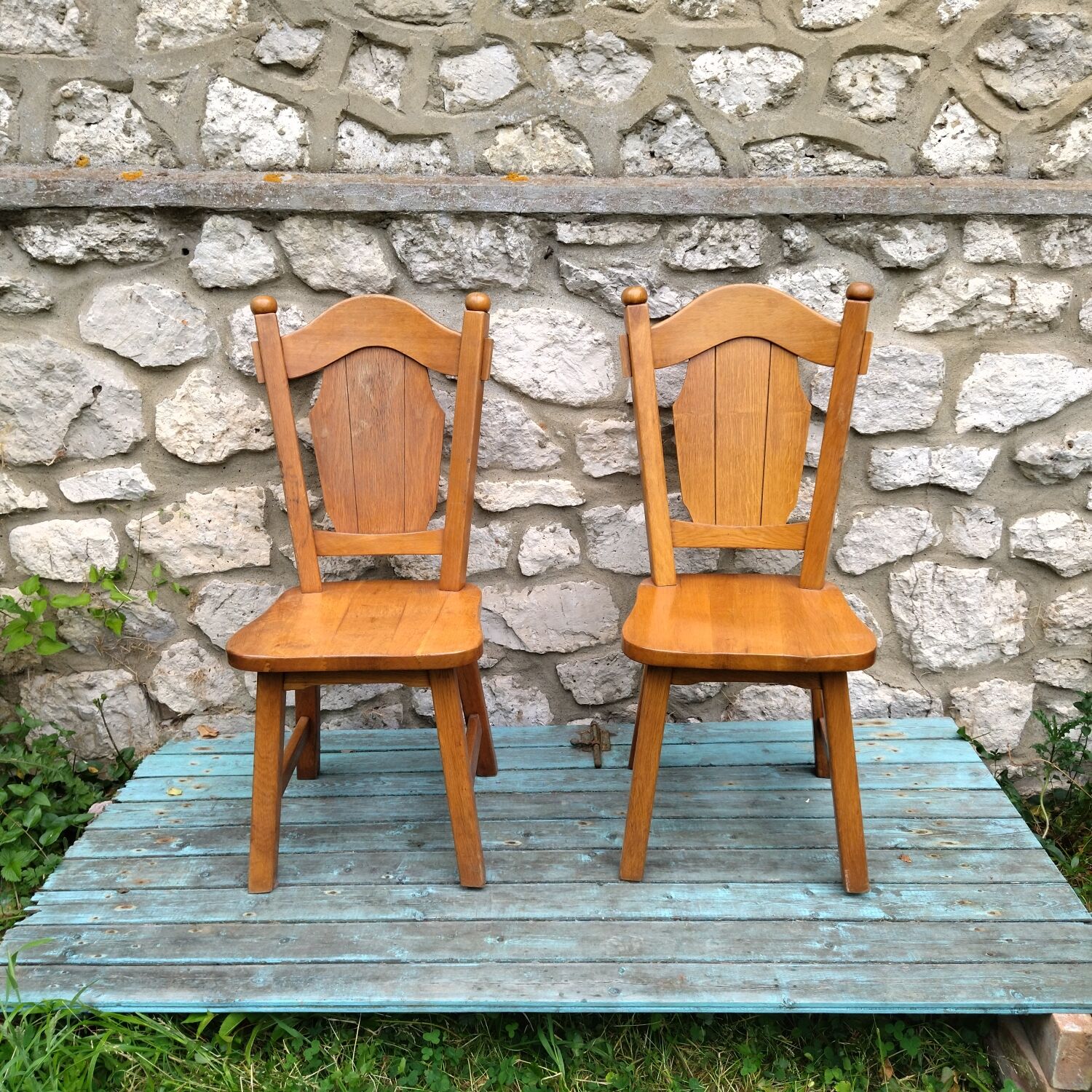 Pair of neo-rustic 60s solid wood chairs