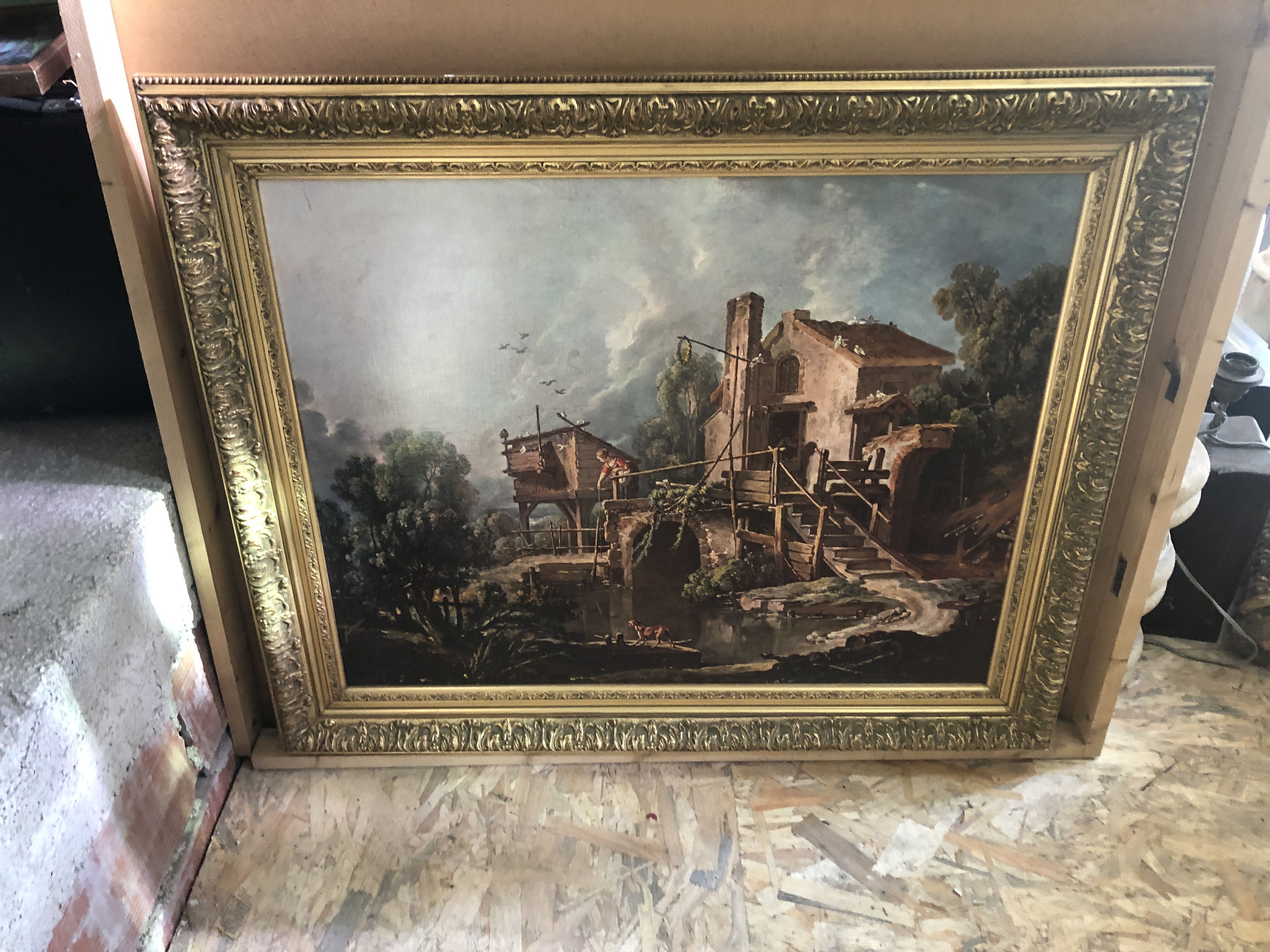 Old painting print on canvas + frame carved wood Gilded Vintage