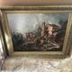 Old painting print on canvas + frame carved wood Gilded Vintage