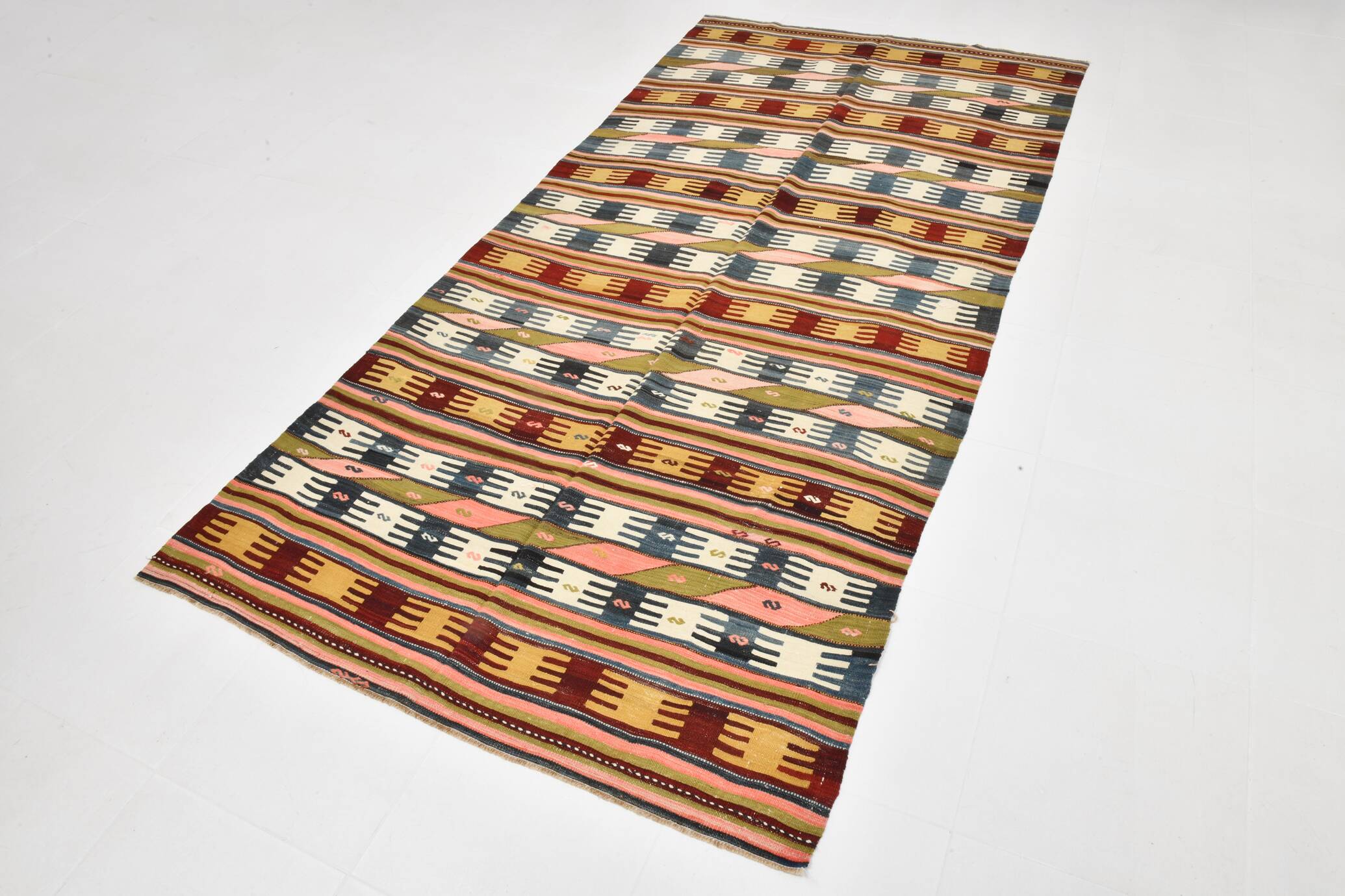 Tapis kilim turc Orientel 4x9, style géométrique, 132x280 cm