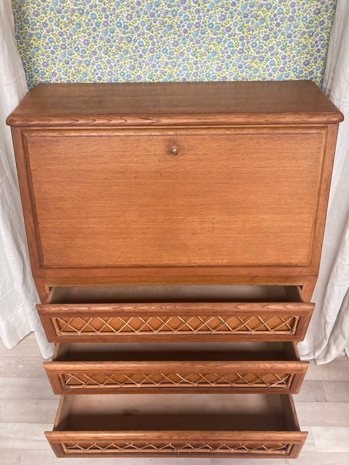 Vintage secretary in wood and rattan