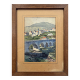 Watercolour painting of a village and aqueduct from the early 20th century, signed + frame.