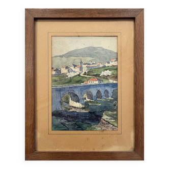 Watercolour painting of a village and aqueduct from the early 20th century, signed + frame.