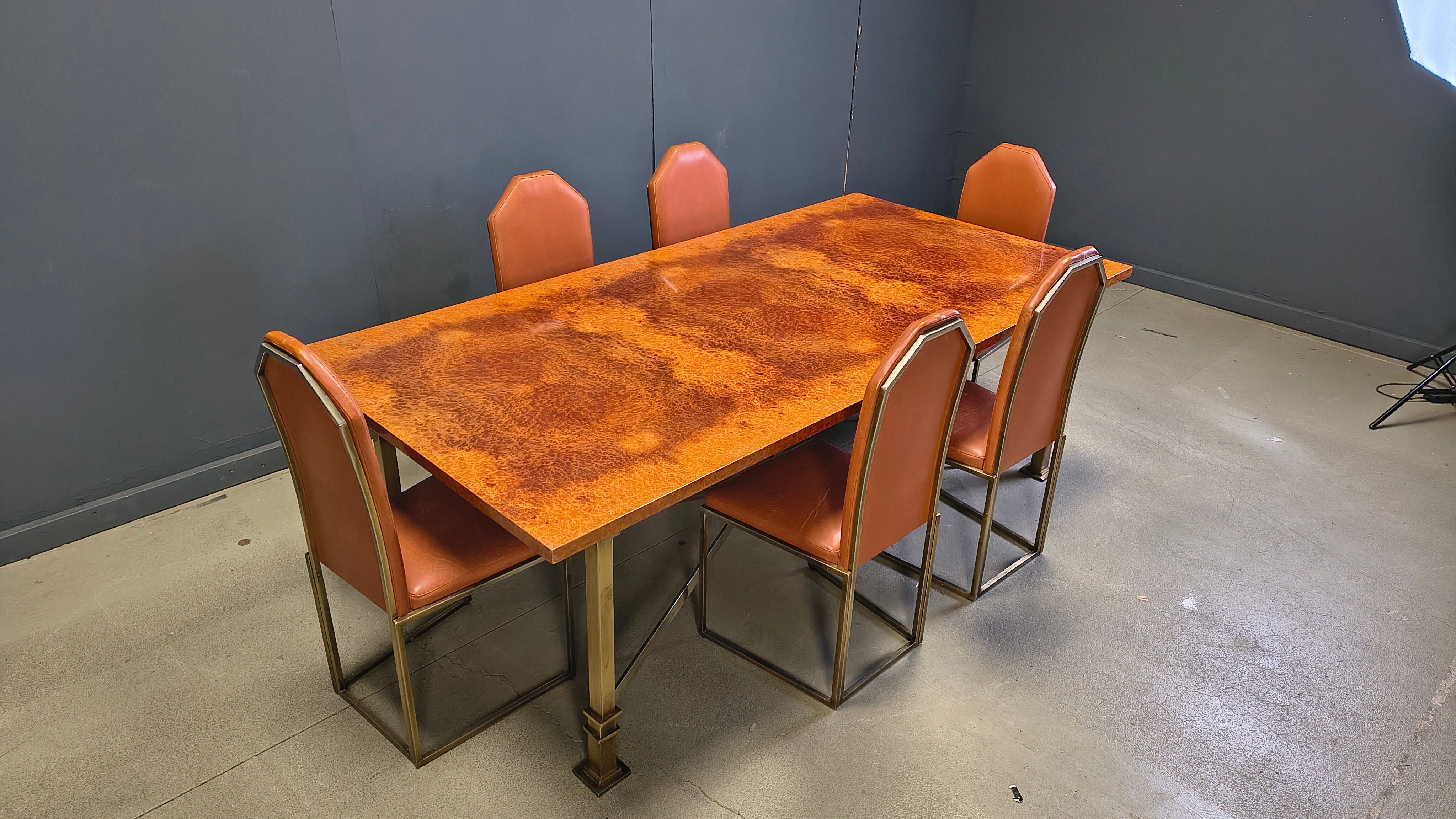 Vintage burl wood and brass dining table by Belgochrom, 1970s
