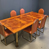 Vintage burl wood and brass dining table by Belgochrom, 1970s