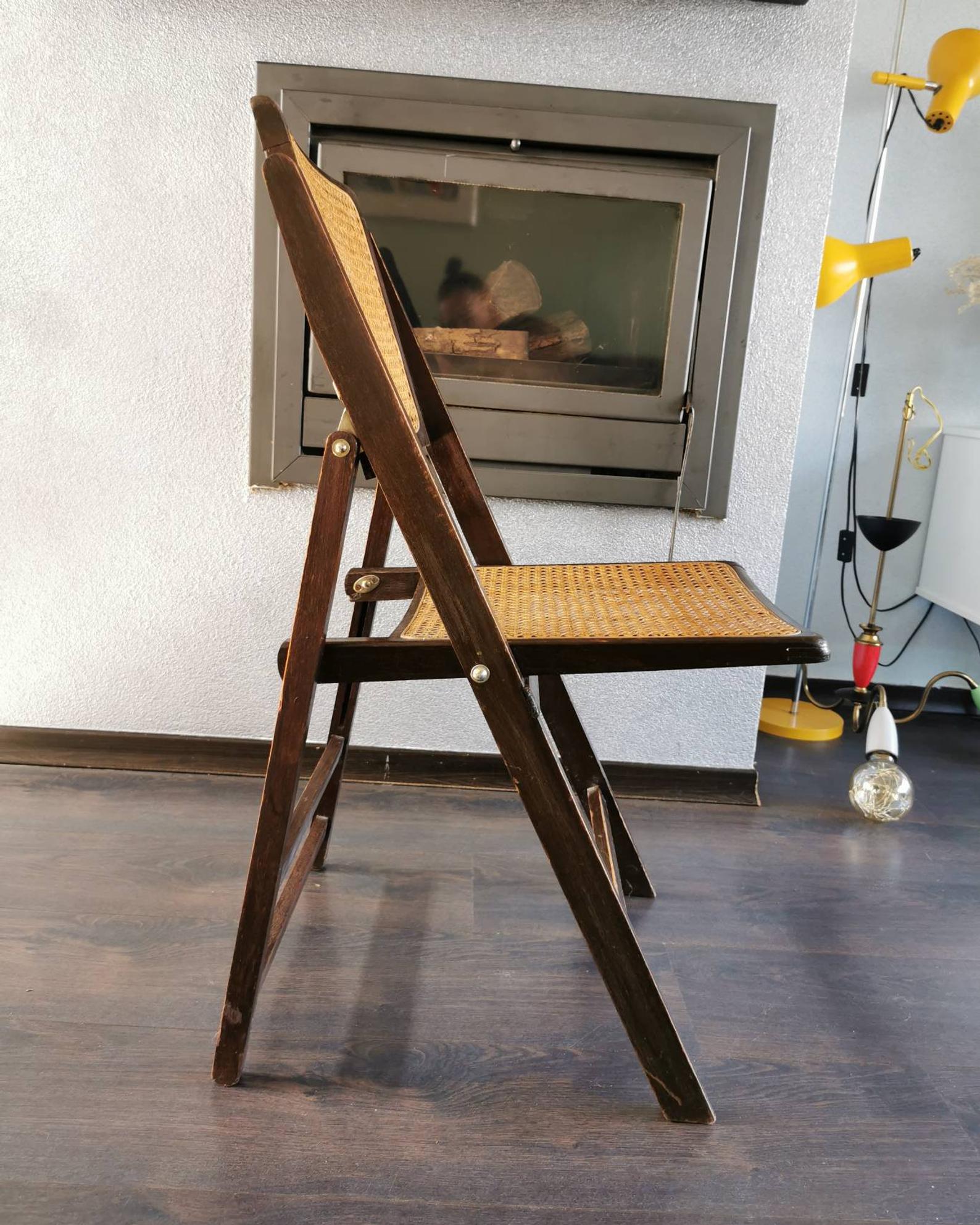 Vintage wooden folding chair with 1960 rattan seat and back