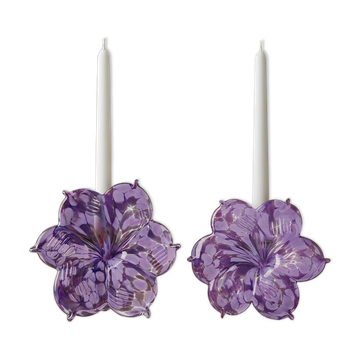 Pair of flower candle holders made of glass, handcrafted in Italy.