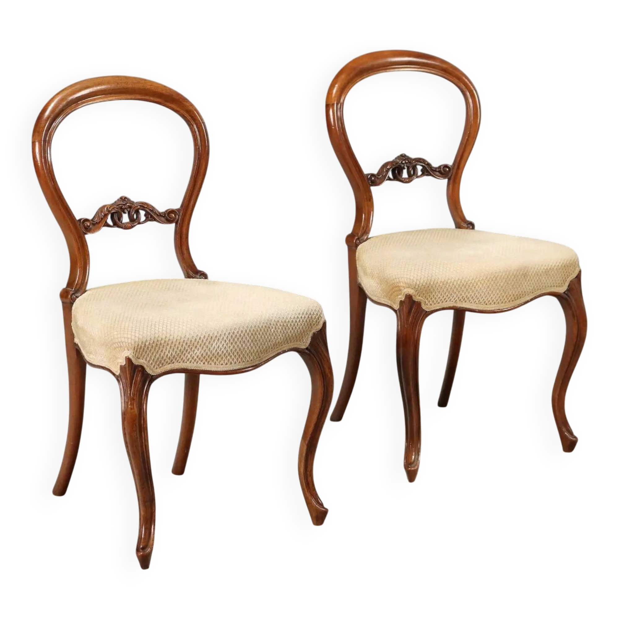 Antique walnut chairs with upholstered seats, Italy, mid-19th century.
