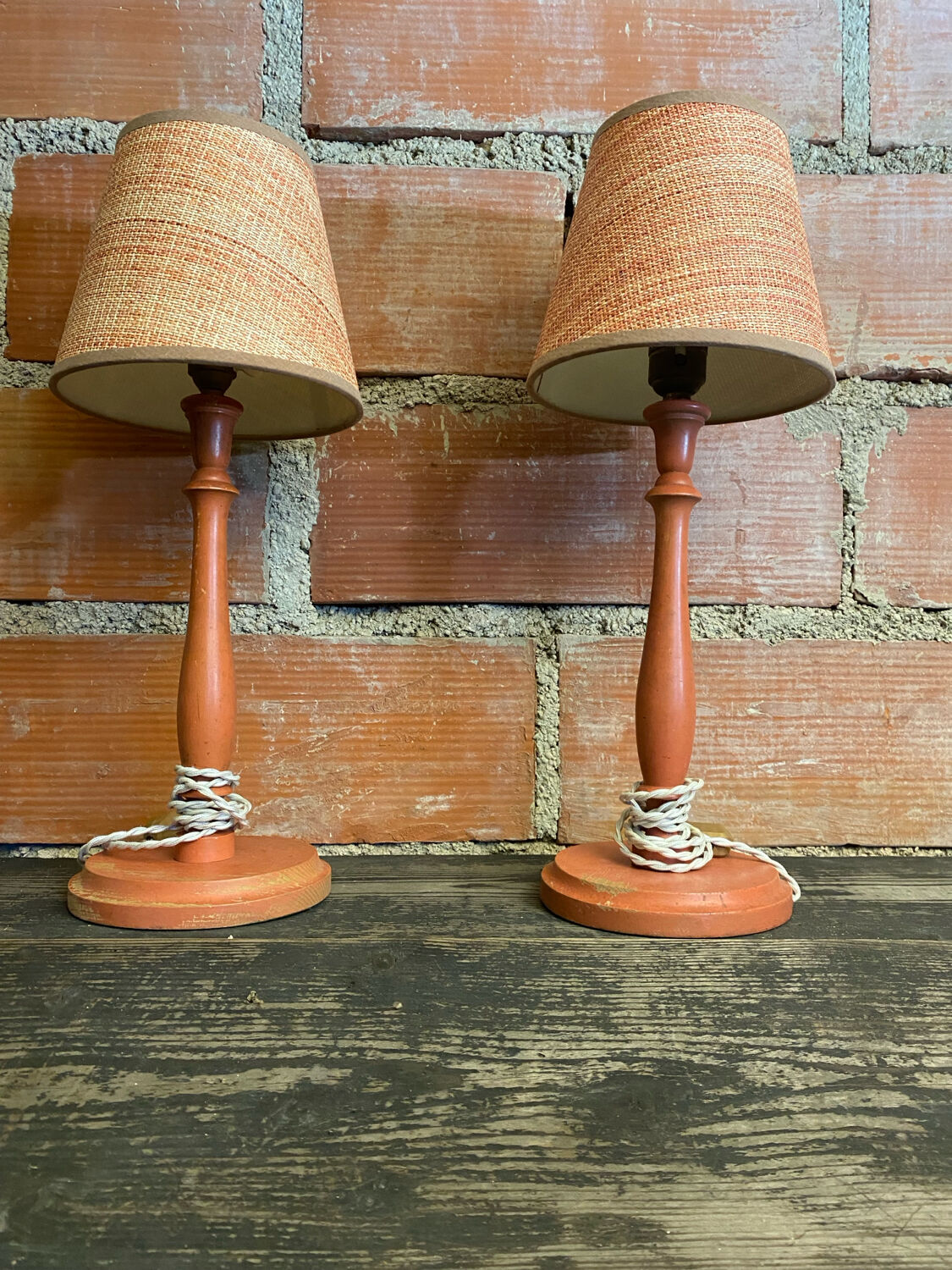 Pair of antique turned wood bedside lamps with push button switch