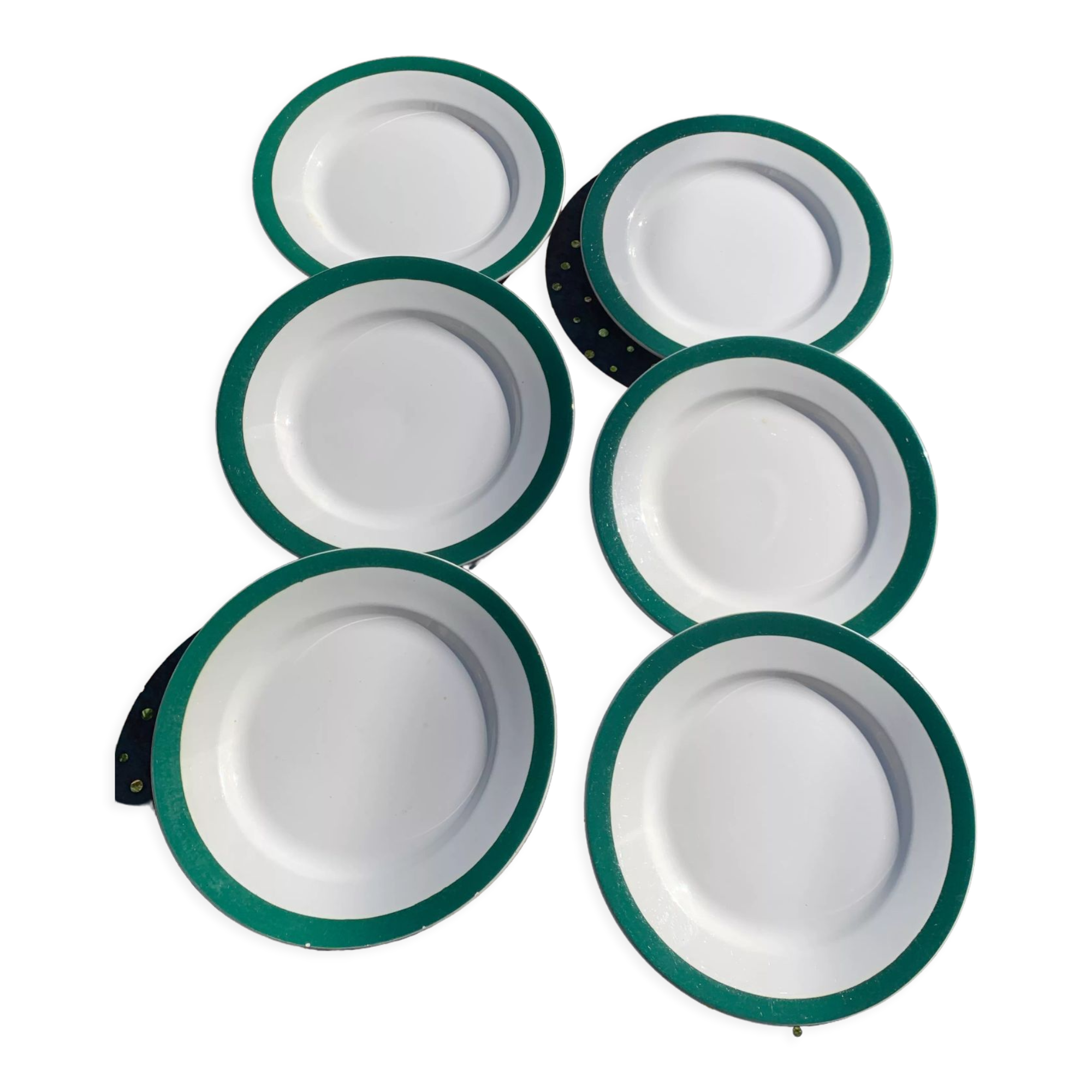 6 flat antique earthenware plates with dark green edging Digoin sarreguemines old france
