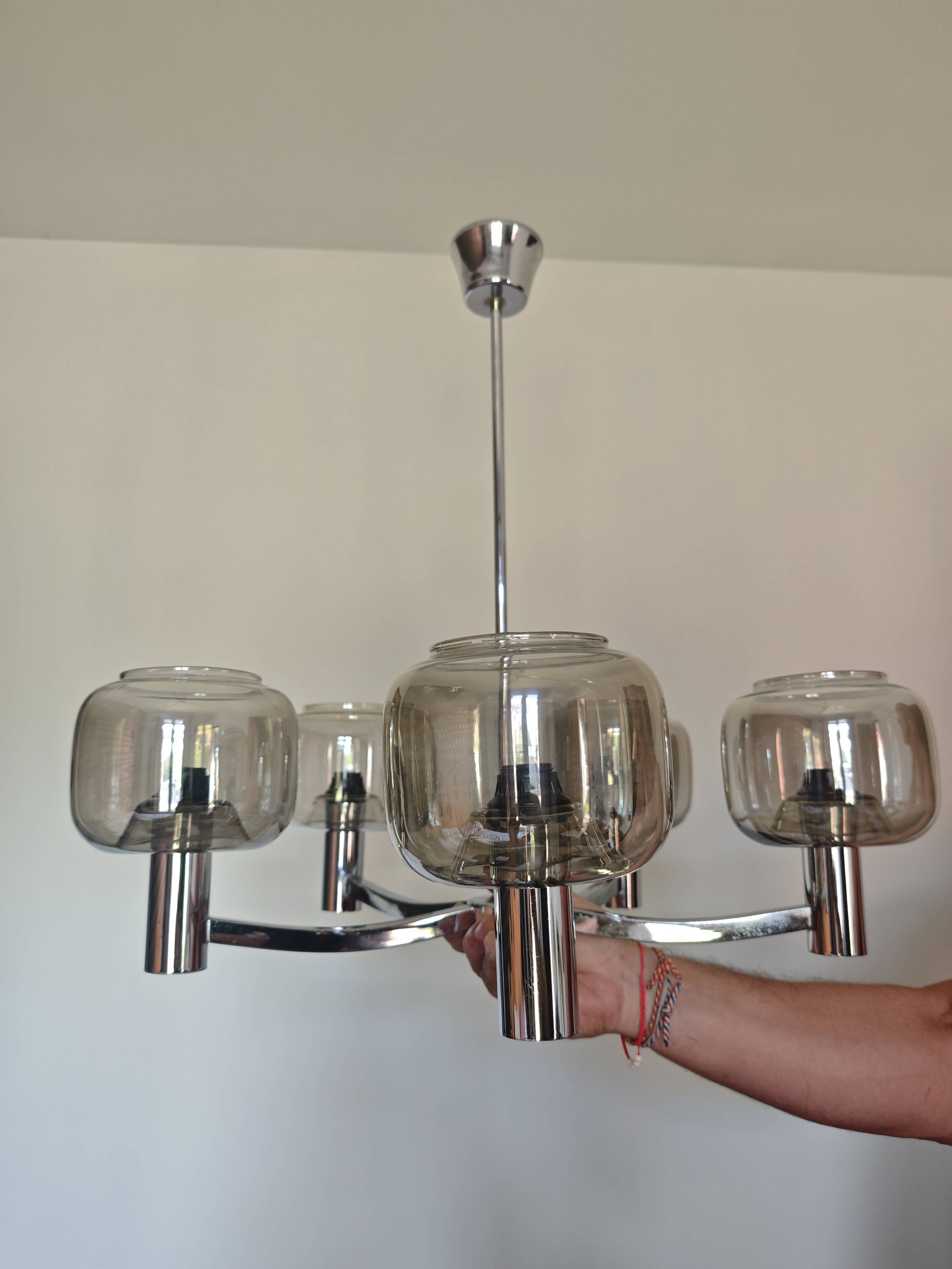 Chrome and Smoked Glass Lustre D&H – Vintage 1970 Space Age Design – Brand New Condition