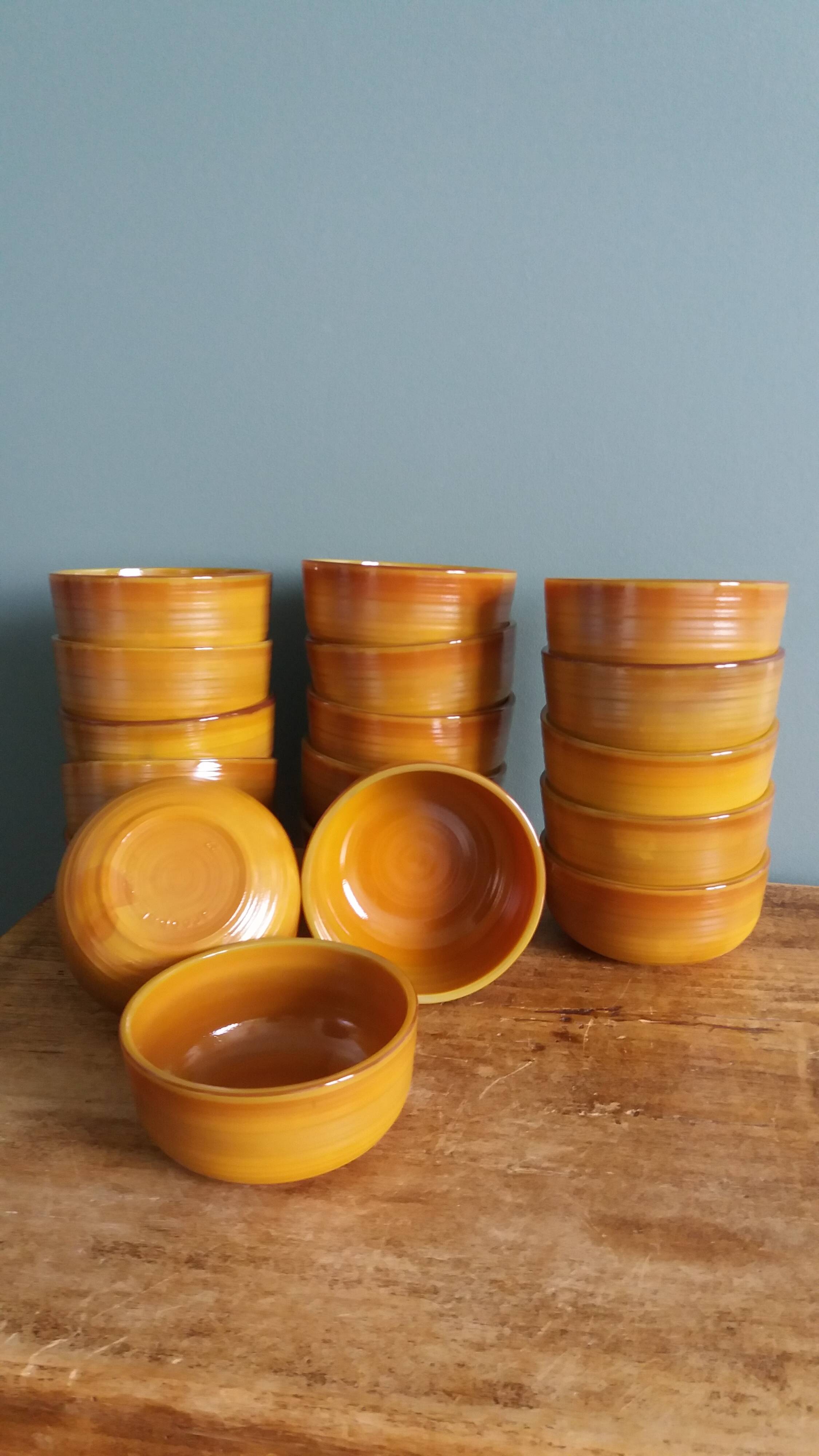 Orange caramel glass ramekins Arcopal Volcan 1970s