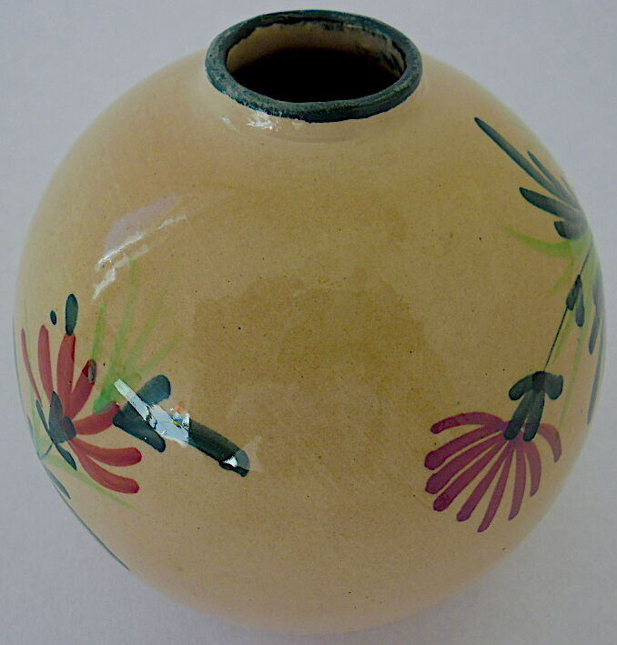 Vase "ball" decorated floral in polychrome earthenware glazed by Saint-Clement