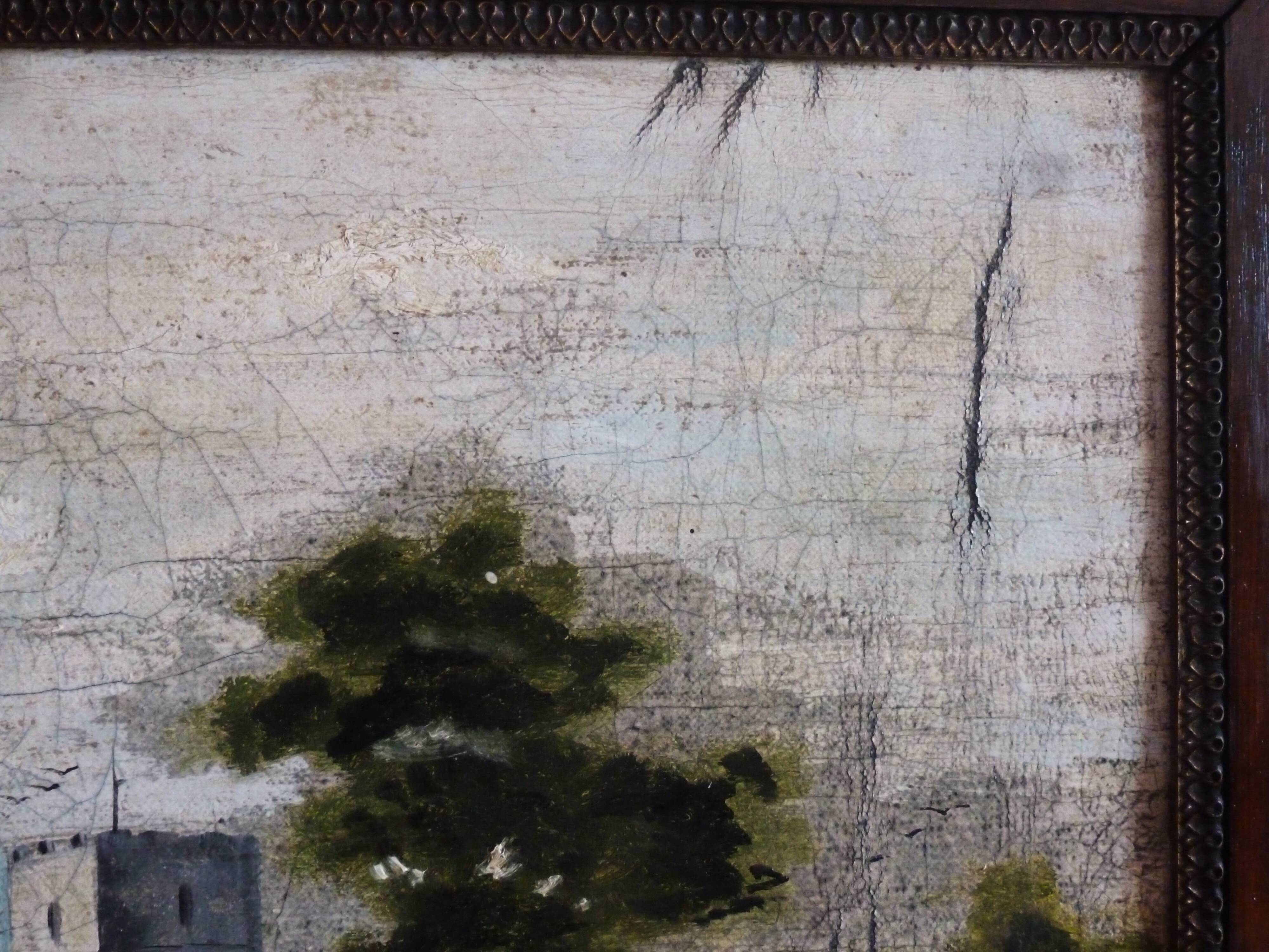 Antique landscape painting / framed oil painting of countryside landscape.