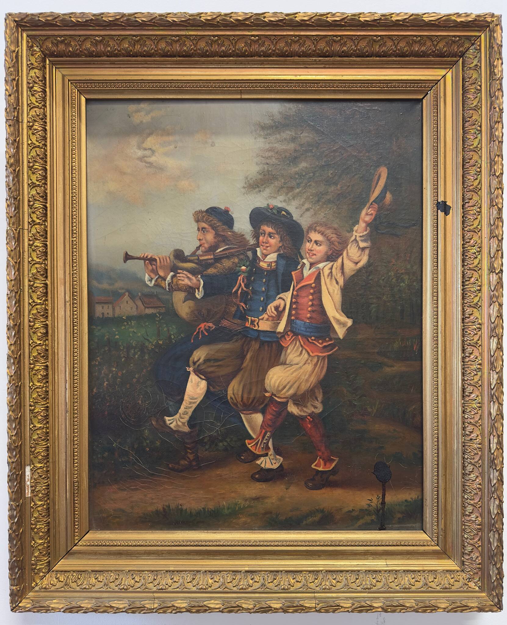 Oil on canvas 19th century – genre scene with musicians in costume