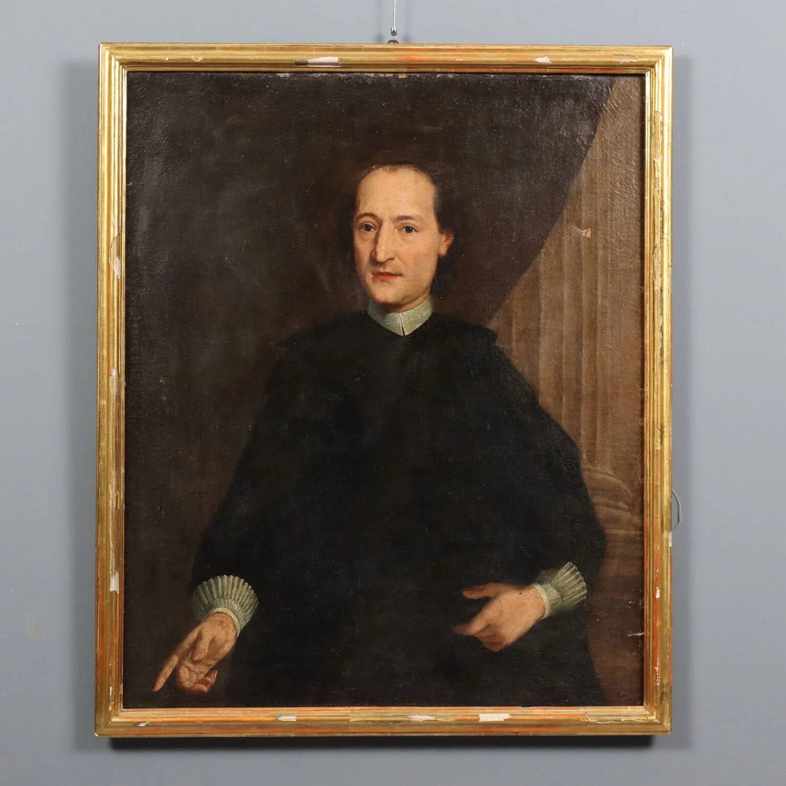 Ancient painting, portrait of a clergyman, oil on canvas, 18th century.