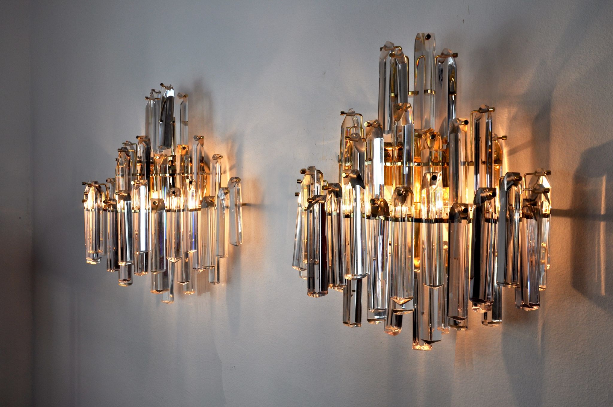Pair of venini wall lamps, 3 levels, murano glass, italy, 1970