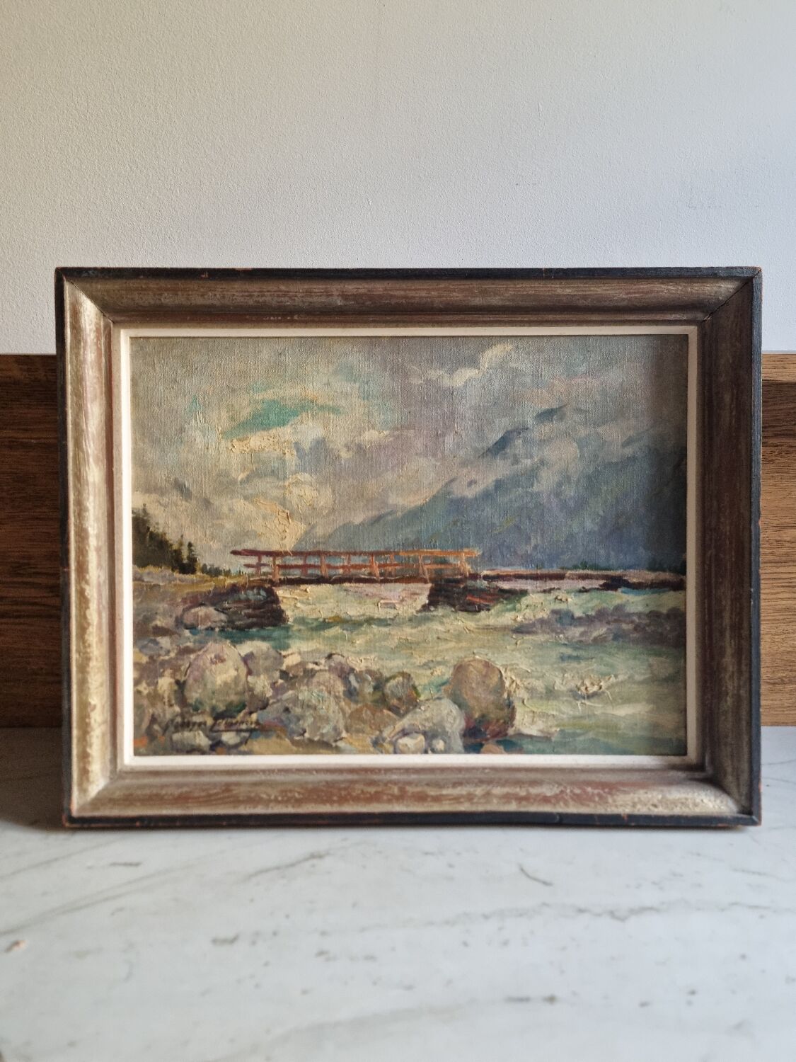 Georges Lemmers, oil on canvas, the bridge in the mountains