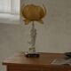Vintage table lamp in Chinese porcelain with yellow floral shade, mid-20th century.