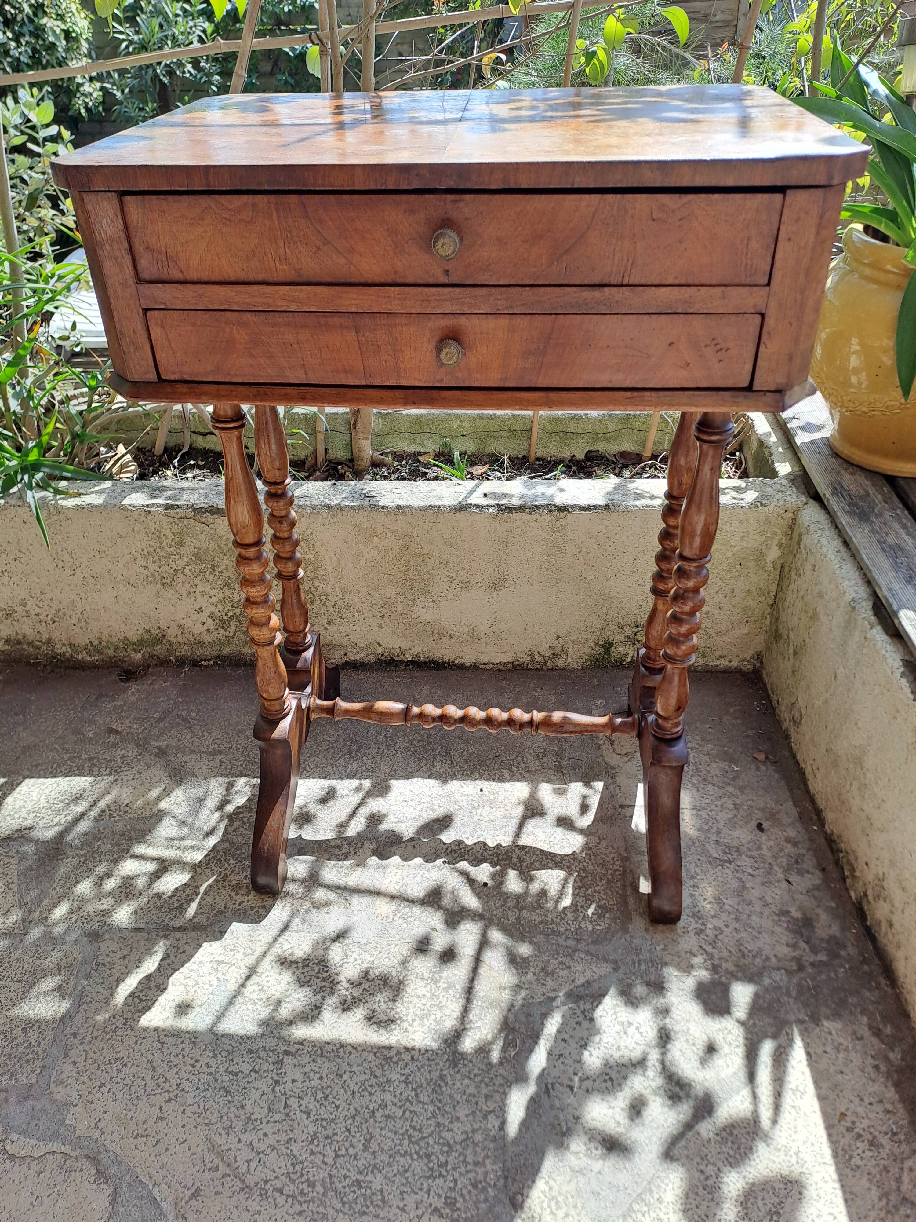 Console, side desk or dressing table in wood with marquetry top and 2 drawers