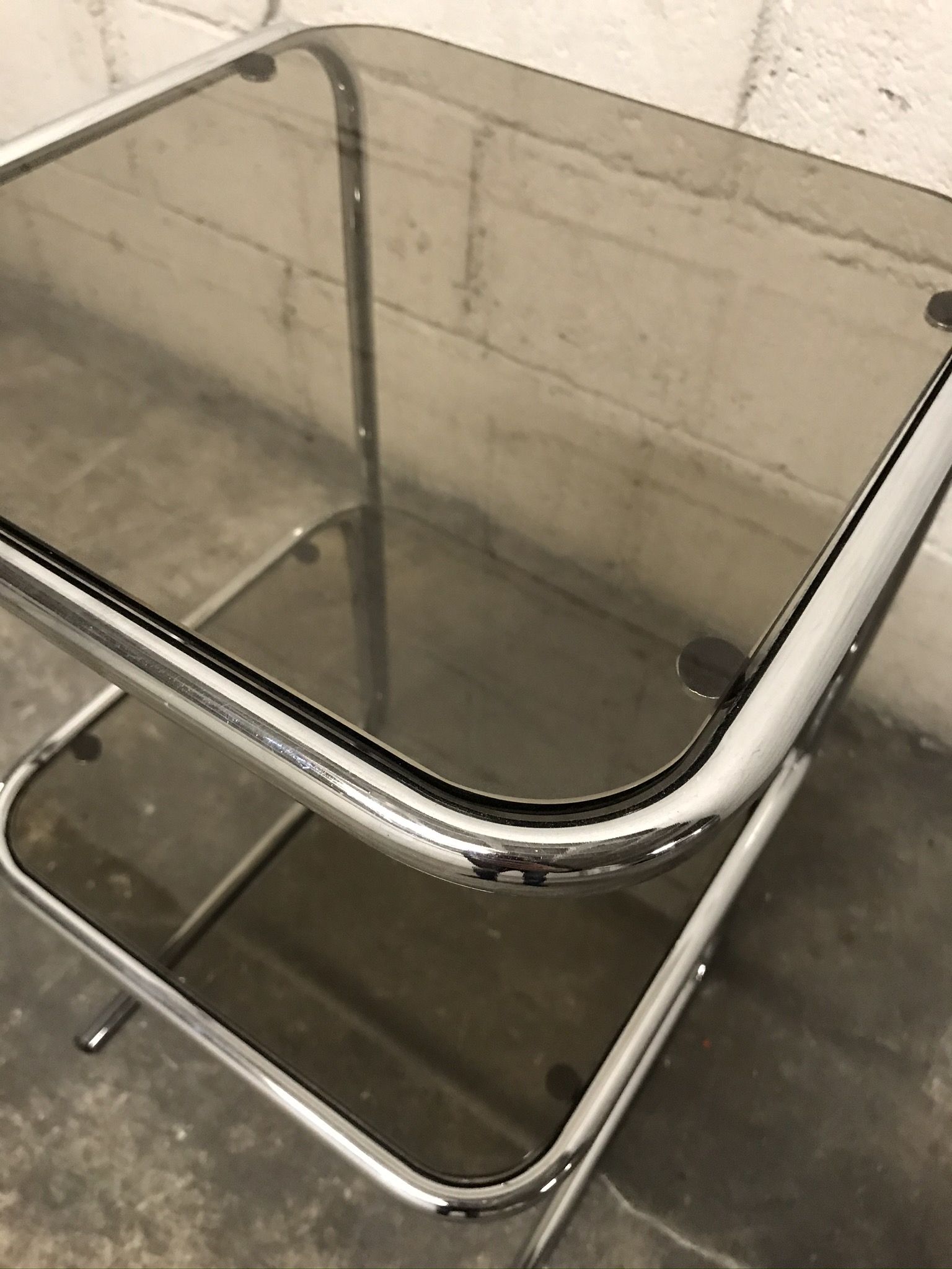 Sofa end in smoky glass and chrome metal, 70s